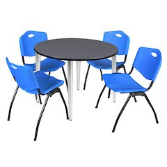 48 in. Round Breakroom Table- Grey Top, Chrome Base & 4 M Stack Chairs- Blue