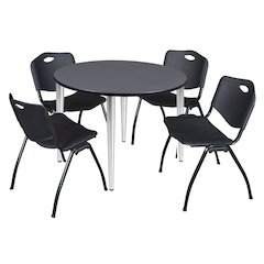 48 in. Round Breakroom Table- Grey Top, Chrome Base & 4 M Stack Chairs- Black