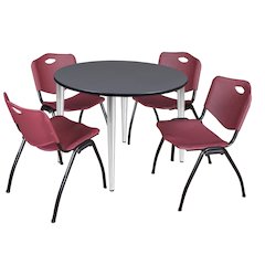 48 in. Round Breakroom Table- Grey Top, Chrome Base & 4 M Stack Chairs- Burgundy