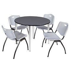 48 in. Round Breakroom Table- Grey Top, Chrome Base & 4 M Stack Chairs- Grey