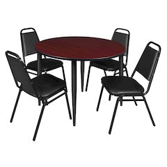 48 Round Breakroom Table- Mahogany Top, Black Base & 4 Stack Chairs- Black