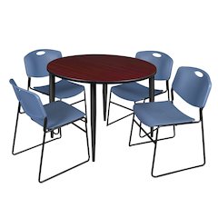 48 Round Breakroom Table- Mahogany Top, Black Base & 4 Zeng Stack Chairs- Blue