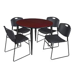 48 Round Breakroom Table- Mahogany Top, Black Base & 4 Zeng Stack Chairs- Black