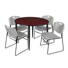 48 Round Breakroom Table- Mahogany Top, Black Base & 4 Zeng Stack Chairs- Grey