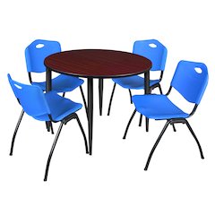 48 in. Round Breakroom Table- Mahogany Top, Black Base & 4 M Stack Chairs- Blue