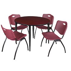 48 Round Breakroom Table- Mahogany Top, Black Base & 4 M Stack Chairs- Burgundy