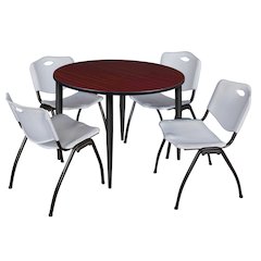 48 in. Round Breakroom Table- Mahogany Top, Black Base & 4 M Stack Chairs- Grey