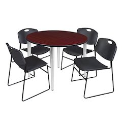 48 Round Breakroom Table- Mahogany Top, Chrome Base & 4 Zeng Stack Chairs- Black