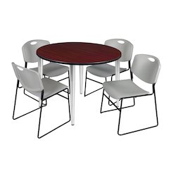 48 Round Breakroom Table- Mahogany Top, Chrome Base & 4 Zeng Stack Chairs- Grey