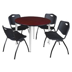 48 Round Breakroom Table- Mahogany Top, Chrome Base & 4 M Stack Chairs- Black