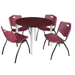 48 Round Breakroom Table- Mahogany Top, Chrome Base & 4 M Stack Chairs- Burgundy