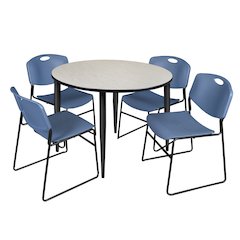 48 in. Round Breakroom Table- Maple Top, Black Base & 4 Zeng Stack Chairs- Blue