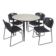 48 in. Round Breakroom Table- Maple Top, Black Base & 4 Zeng Stack Chairs- Black