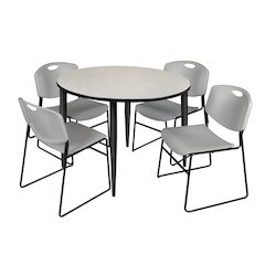 48 in. Round Breakroom Table- Maple Top, Black Base & 4 Zeng Stack Chairs- Grey