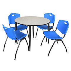 48 in. Round Breakroom Table- Maple Top, Black Base & 4 M Stack Chairs- Blue