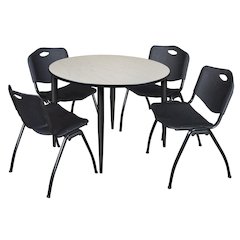 48 in. Round Breakroom Table- Maple Top, Black Base & 4 M Stack Chairs- Black