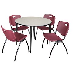 48 in. Round Breakroom Table- Maple Top, Black Base & 4 M Stack Chairs- Burgundy