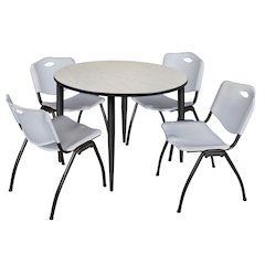 48 in. Round Breakroom Table- Maple Top, Black Base & 4 M Stack Chairs- Grey