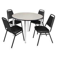 48 Round Breakroom Table- Maple Top, Chrome Base & 4 Stack Chairs- Black