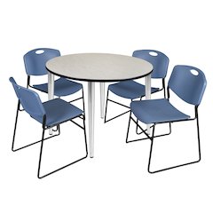 48 in. Round Breakroom Table- Maple Top, Chrome Base & 4 Zeng Stack Chairs- Blue