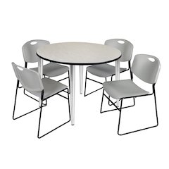 48 in. Round Breakroom Table- Maple Top, Chrome Base & 4 Zeng Stack Chairs- Grey