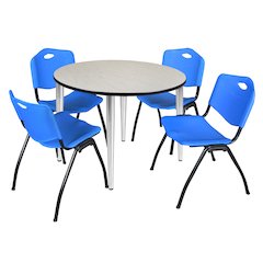 48 in. Round Breakroom Table- Maple Top, Chrome Base & 4 M Stack Chairs- Blue