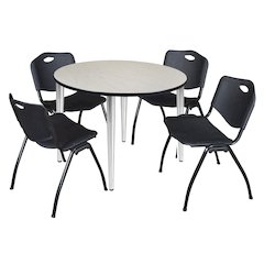 48 in. Round Breakroom Table- Maple Top, Chrome Base & 4 M Stack Chairs- Black