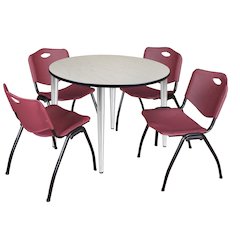 48 Round Breakroom Table- Maple Top, Chrome Base & 4 M Stack Chairs- Burgundy