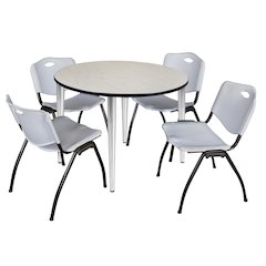 48 in. Round Breakroom Table- Maple Top, Chrome Base & 4 M Stack Chairs- Grey