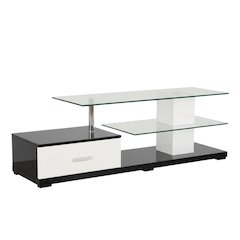 Modern White and Black TV Stand with Glass Shelves and Chrome Frame