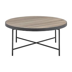 Weathered Gray Oak Metal Coffee Table with Industrial Style and Wood Veneer