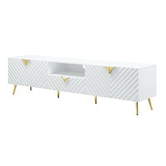 White Gloss Finish TV Stand with Rubberwood and Walnut Veneers for Modern Living