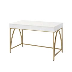 White High Gloss And Gold Office Desk With Metal Frame And Spacious Surface