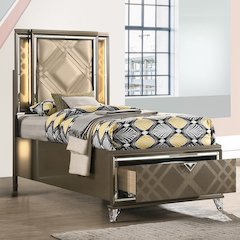 Skylar Full Bed w/Storage & LED LED, Synthetic Leather & Dark Champagne