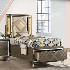 Skylar Twin Bed w/Storage & LED LED, Synthetic Leather & Dark Champagne