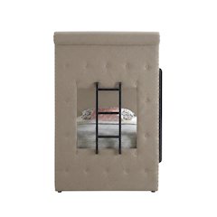 Fabric Twin over Twin Bunk Bed with Wood Frame and Trundle, Beige Fabric