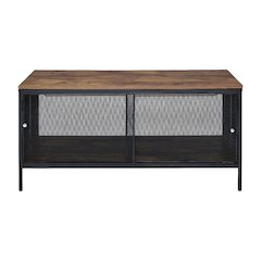 Coffee Table Antique Oak and Black Metal Tube Frame with Veneer Top, MDF Base