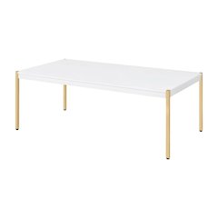 White & Gold Finish Rectangular Coffee Table MDF Metal Contemporary Design