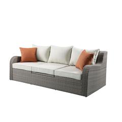 Salena Patio Sofa w/2 Pillows & 2 Ottomans Beige Fabric & Gray Wicker