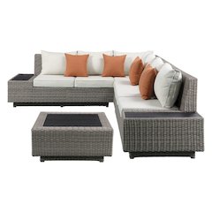 Salena Patio Sectional Sofa w/4 Pillows & Coffee Table Beige Fabric & Gray Wicke