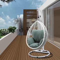 Simona Hanging Chair Green Fabric & White Wicker