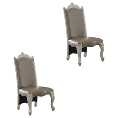 Upholstered PU Leather and Fabric Dining Chair with Wood Veneer Frames, Blue, Set of 2