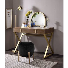 Coleen Vanity Desk w/Mirror & Jewelry Tray Walnut & Gold