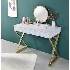 Coleen Vanity Desk w/Mirror & Jewelry Tray White & Gold