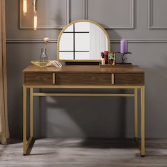 Coleen Vanity Desk w/Mirror & Jewelry Tray Walnut & Gold