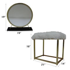Adao Vanity Mirror & Stool Faux Fur, Mirror, Black & Brass