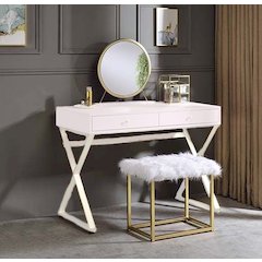 Adao Vanity Mirror & Stool Faux Fur, Mirror, Pink & Gold