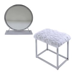 Adao Vanity Mirror & Stool Faux Fur, Mirror, White & Chrome