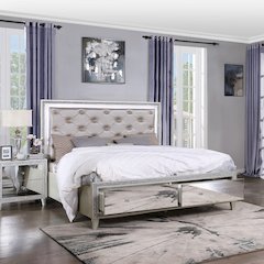 Sliverfluff Eastern King Bed w/Storage & LED Synthetic Leather & Champagne