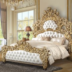 Bernadette Eastern King Bed White Synthetic Leather & Gold